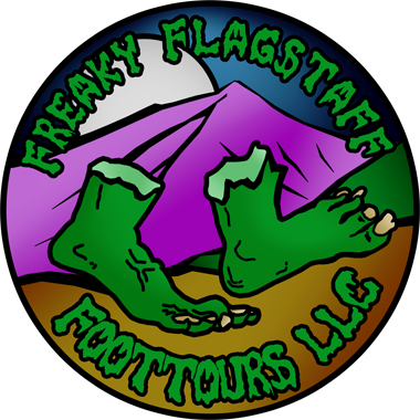 Freaky Flagstaff Foottours round logo: green feet below the San Francisco Peaks